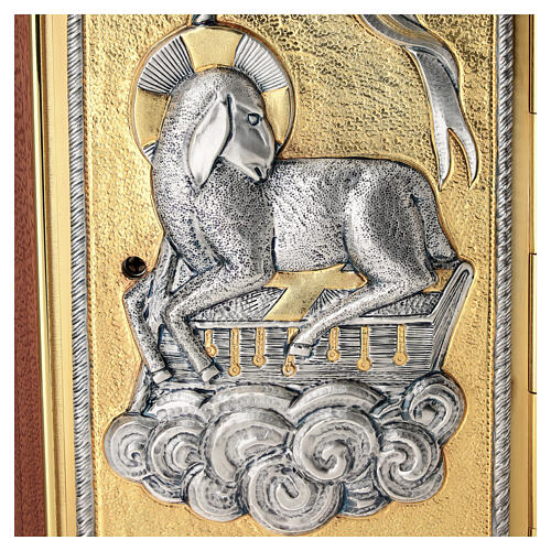 Altartabernakel Agnus Dei aus Mahagoniholz mit zweifarbigem Türmotiv 40x30x30 cm 10