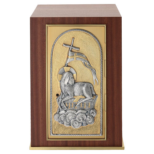 Tabernacle de table Agnus Dei bicolore en bois d'acajou 40x30x30 cm 1