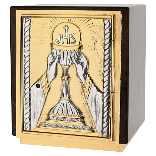 Tabernacolo bicolore e legno 30x25x20 cm porta bronzo decoro calice JHS 1