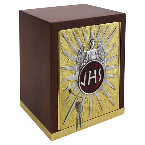 Tabernakel aus Holz mit JHS und Engel 30x25x20 cm 1