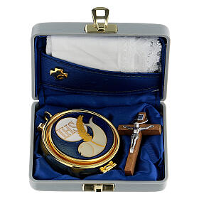 White pyx case with pyx, cross and towel