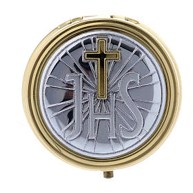 Teche Eucaristiche: Portaostia JHS metallo placca alluminio finiture oro 5 cm Teche Eucaristiche: Portaostia JHS metallo placca alluminio finiture oro 5 cm