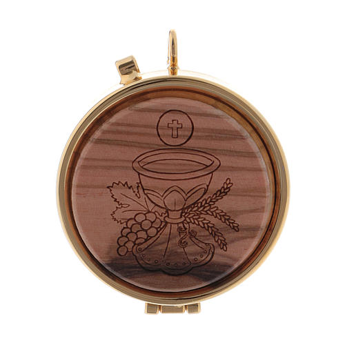 Holy bread pyx in metal Chalice image with wooden carved disk 5,5 cm diameter 1