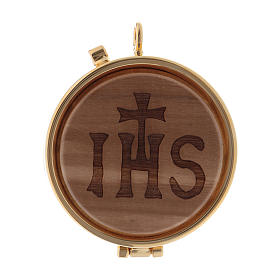 Holy bread case in metal with wooden carved disk JHS 5,5 cm diameter