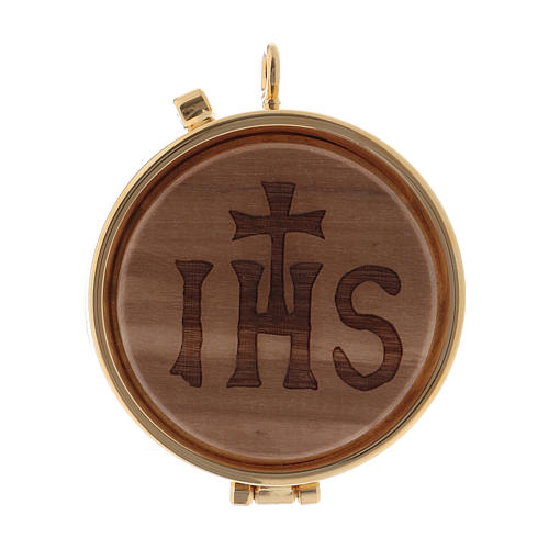 Holy bread case in metal with wooden carved disk JHS 5,5 cm diameter 1
