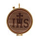 Holy bread case in metal with wooden carved disk JHS 5,5 cm diameter s1