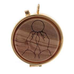 Holy bread case Joined Hands in metal with wooden carved disk 5,5 cm diameter
