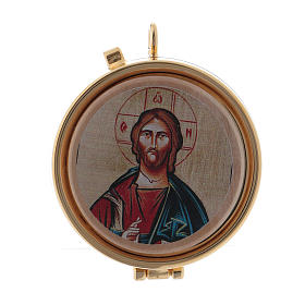 Caixa de hóstias metal madeira oliveira gravura Cristo Pantocrator diâm. 5,5 cm