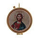 Holy bread case Christ Pantocrator in metal with wooden carved disk 5,5 cm diameter s1