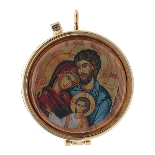 Holy Bread Pyx Holy Family in metal with wooden carved disk 5,5 cm 1