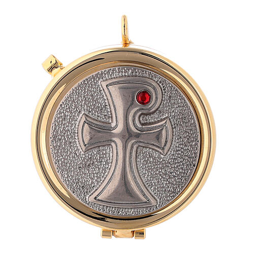 Pyx with tau cross and red stone 2 in diameter 1