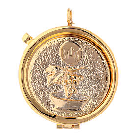Gold plated brass pyx with embossed IHS and chalice