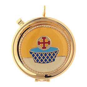 Eucharist case with basket and cross on yellow background