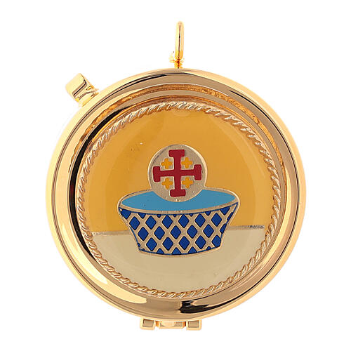 Eucharist case with basket and cross on yellow background 1