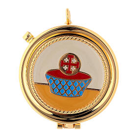Eucharist case with basket and cross on white background diam. 5 cm