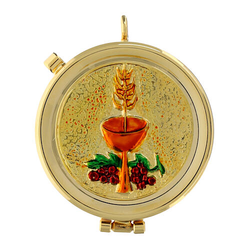 Caixa de hóstias em latão dourado 24k cálice, espiga e cacho de uvas 1