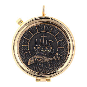 Pyx with bread and fish decoration in nickel-plated brass