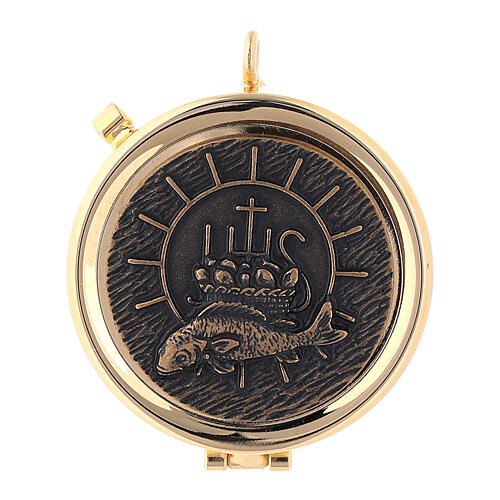 Pyx with bread and fish decoration in nickel-plated brass 1