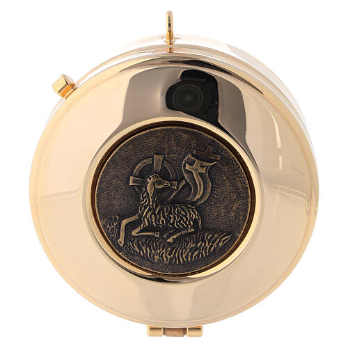 Pyx case in yellow jacquard fabric with golden brass pyx Lamb of Peace 3