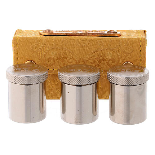Holy Oils case in golden jacquard fabric with three jars 1