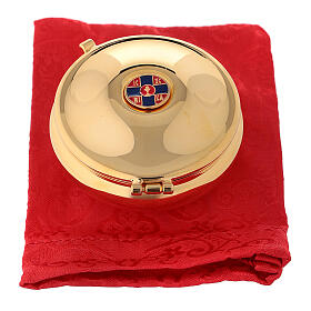Enamelled gold plated pyx with cross and red burse s4