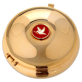 Gold plated pyx with enamelled dove and red burse