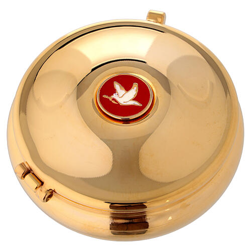 Gold plated pyx with enamelled dove and red burse 1