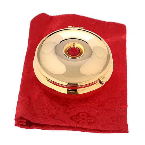 Caixa hóstias dourada com pedra vermelha e estojo vermelho 4