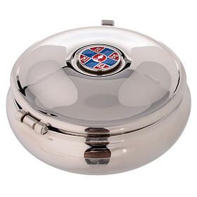 Silver plated pyx with enamelled dove and yellow burse s6