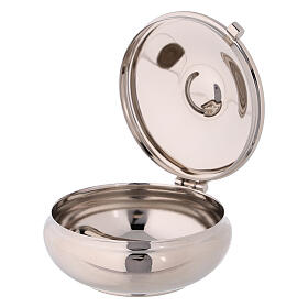 Silver plated pyx with enamelled dove and yellow burse s8