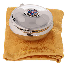 Silver plated pyx with enamelled dove and yellow burse s9