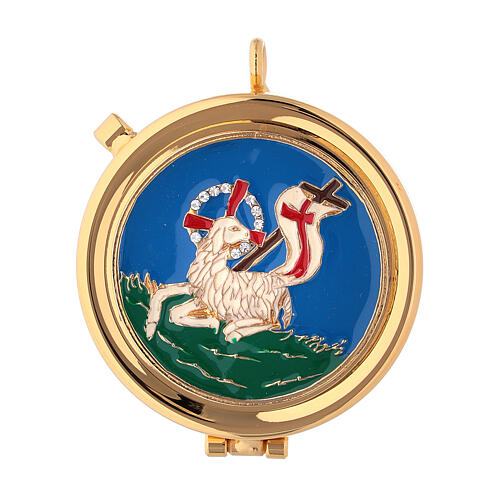 Pyx in brass with enamel Lamb of Peace, blue and beads 5.3 cm 1