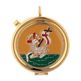 Gold plated pyx with Lamb of God on yellow enamel with crystals 2 in.