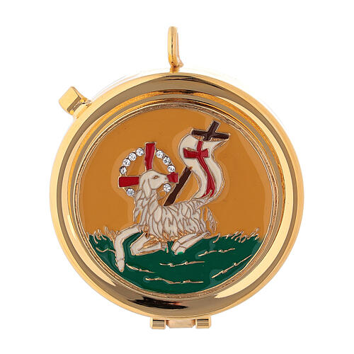 Gold plated pyx with Lamb of God on yellow enamel with crystals 2 in. 1