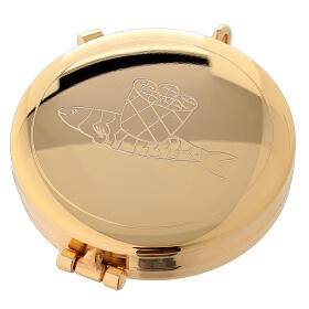 Caixa hóstias dourada com gravura pão e peixes 5,3 cm