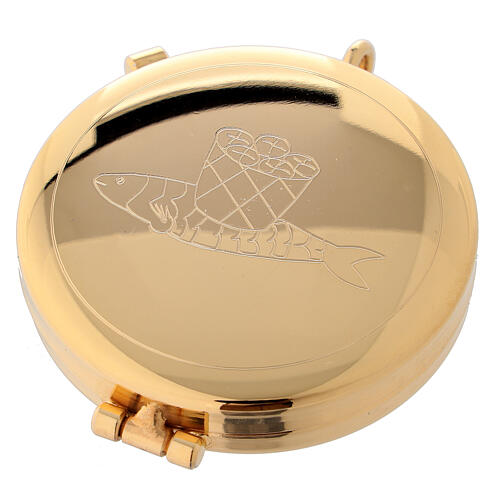 Caixa hóstias dourada com gravura pão e peixes 5,3 cm 1