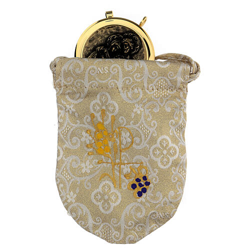 Bolsa branca com bordados dourados e caixa de hóstias 5 cm 1