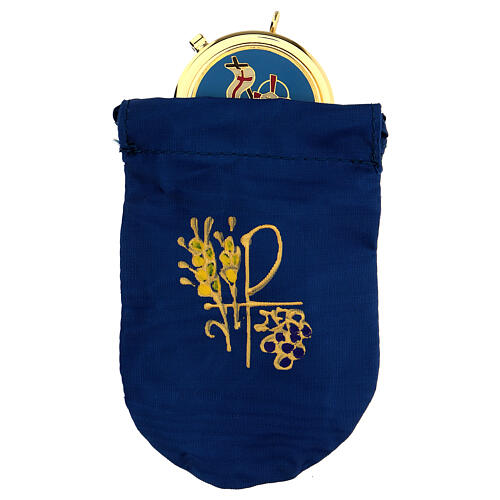 Blue satin viaticum burse with 24K gold plated brass pyx of 5 cm 1