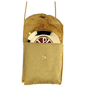 Estojo porta viático tecido jacquard adamascado dourado com corda e caixa de hóstias 7,5 cm