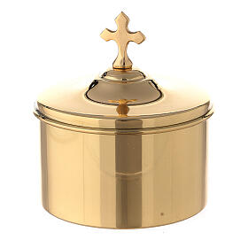 Gold plated brass altar bread box with cross h 2 3/4 in