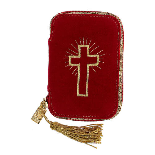 Rote Versehtasche aus mit Kreuz verziertem Flockstoff und Versehpatene (5,5 cm) 1