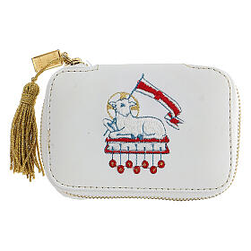 White travel case with embroidered lamb
