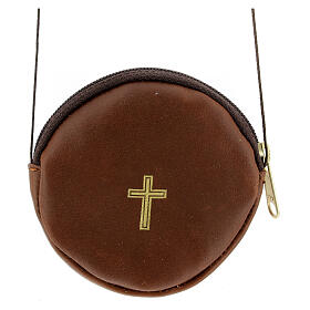 Braune runde Versehtasche aus Leder mit Kreuz, 8 cm