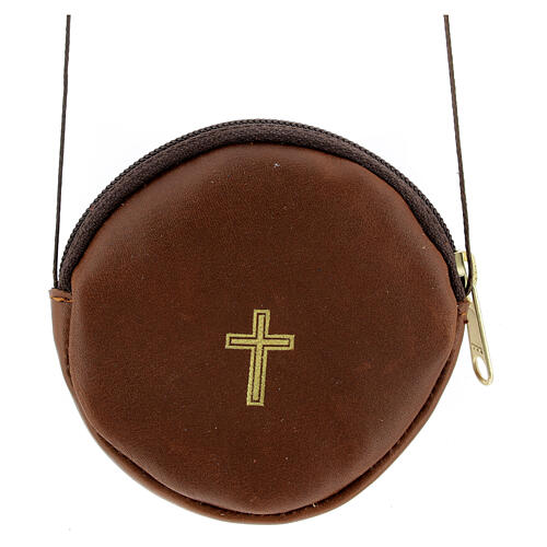 Braune runde Versehtasche aus Leder mit Kreuz, 8 cm 1