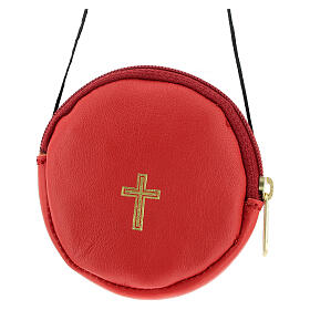 Rote Versehtasche aus echtem Leder mit Kreuz, 8 cm