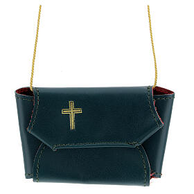 Bolsa conjunto para viático couro verde com crucifixo e sanguíneo