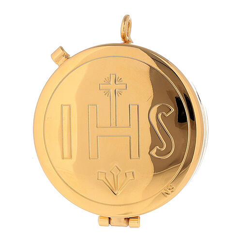 Teca Eucaristica incisione IHS ottone dorato 24k 5 cm 1
