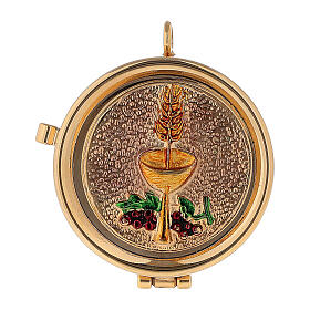 Eucharist pyx holder with plaque symbolizing bread and wine on a golden background 3x5 cm