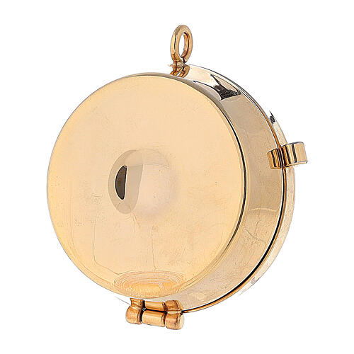 Eucharist pyx holder with plaque symbolizing bread and wine on a golden background 3x5 cm 3