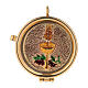Eucharist pyx holder with plaque symbolizing bread and wine on a golden background 3x5 cm s1